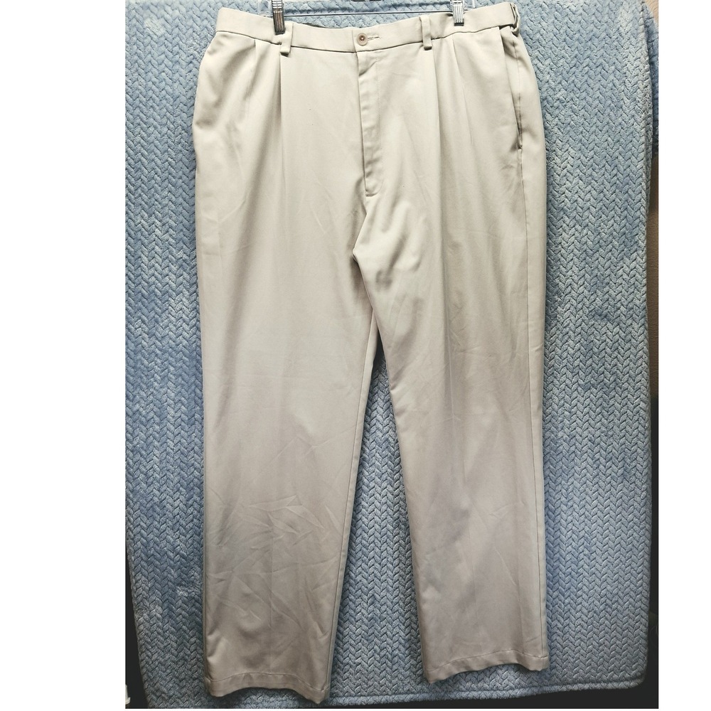 Haggar Cool 18 Pro Mens Pleated Khaki Pants Tan 40x34 Stretch Waist Lightweight